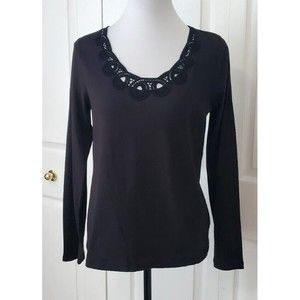 Liz Claiborne Long Sleeve M Black T-Shirt Lace Scoop Neck Stretch Top Shirt NEW